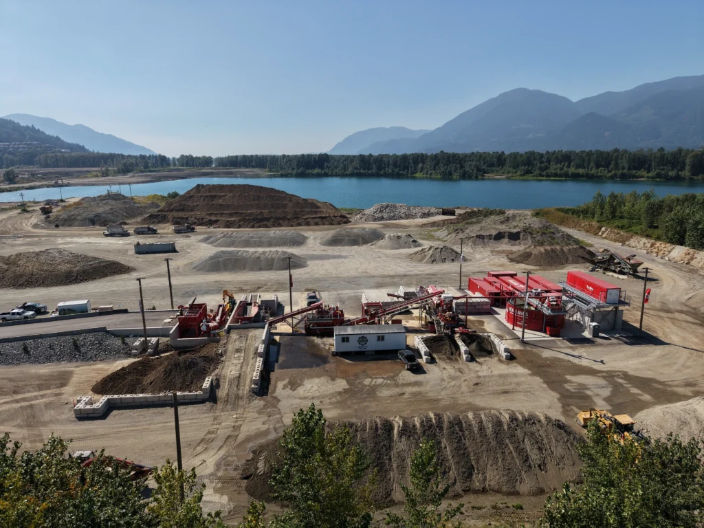 Bird's-eye view of Headlands Environmental plant in Chilliwack with Tyrone's TrackWash Pro equipment