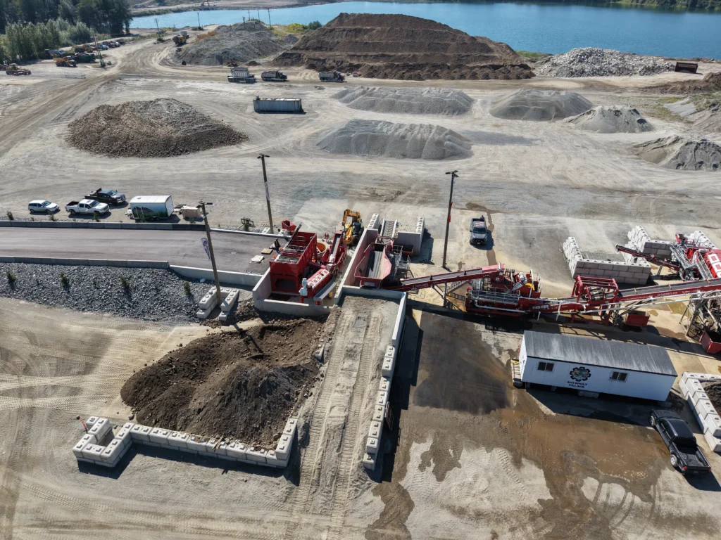 Close-up of bird's-eye view of Headlands Environmental plant with Tyrone's TrackWash Pro equipment